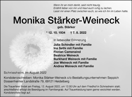 Traueranzeige von Monika Stärker-Weineck von Mannheimer Morgen