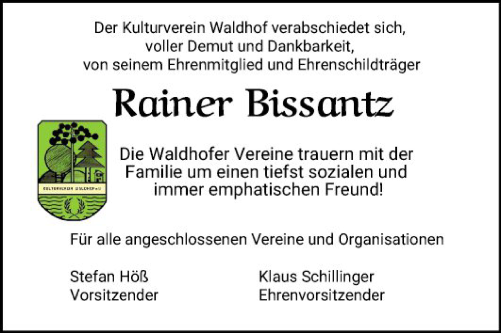  Traueranzeige für Rainer Bissantz vom 27.08.2022 aus Mannheimer Morgen