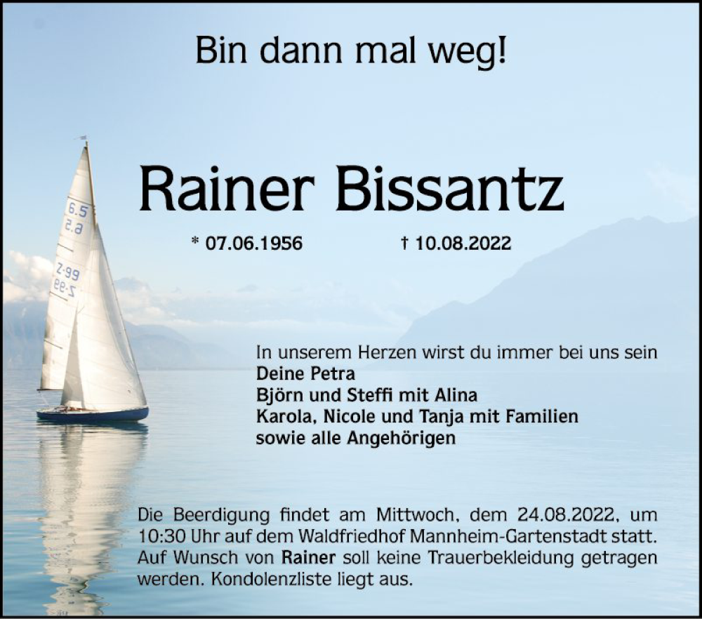  Traueranzeige für Rainer Bissantz vom 20.08.2022 aus Mannheimer Morgen