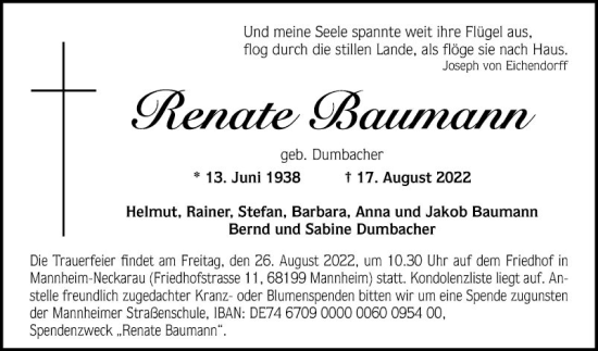 Traueranzeige von Renate Baumann von Mannheimer Morgen