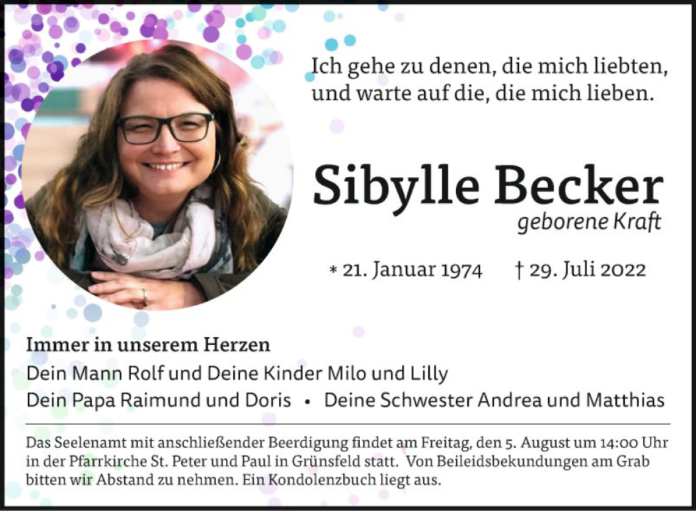  Traueranzeige für Sibylle Becker vom 02.08.2022 aus Fränkische Nachrichten