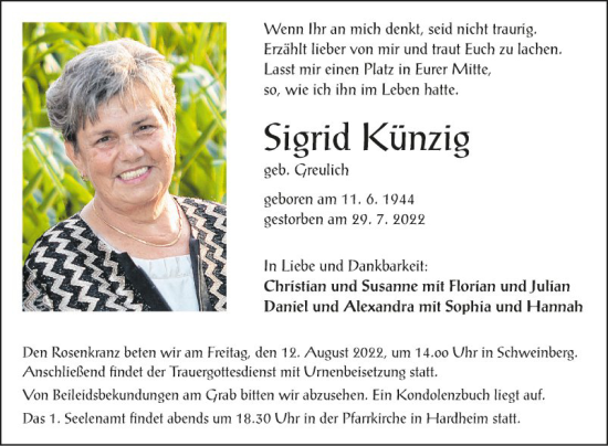Traueranzeige von Sigrid Künzig von Fränkische Nachrichten