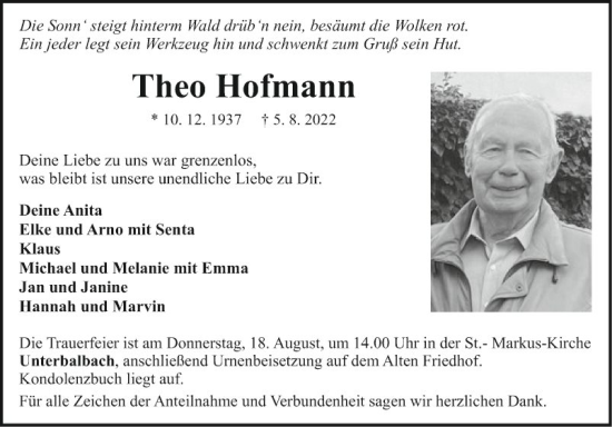 Traueranzeige von Theo Hofmann von Fränkische Nachrichten