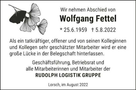 Traueranzeige von Wolfgang Fettel von Bergsträßer Anzeiger