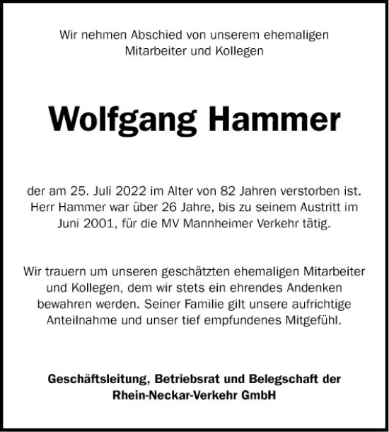 Traueranzeige von Wolfgang Hammer von Mannheimer Morgen
