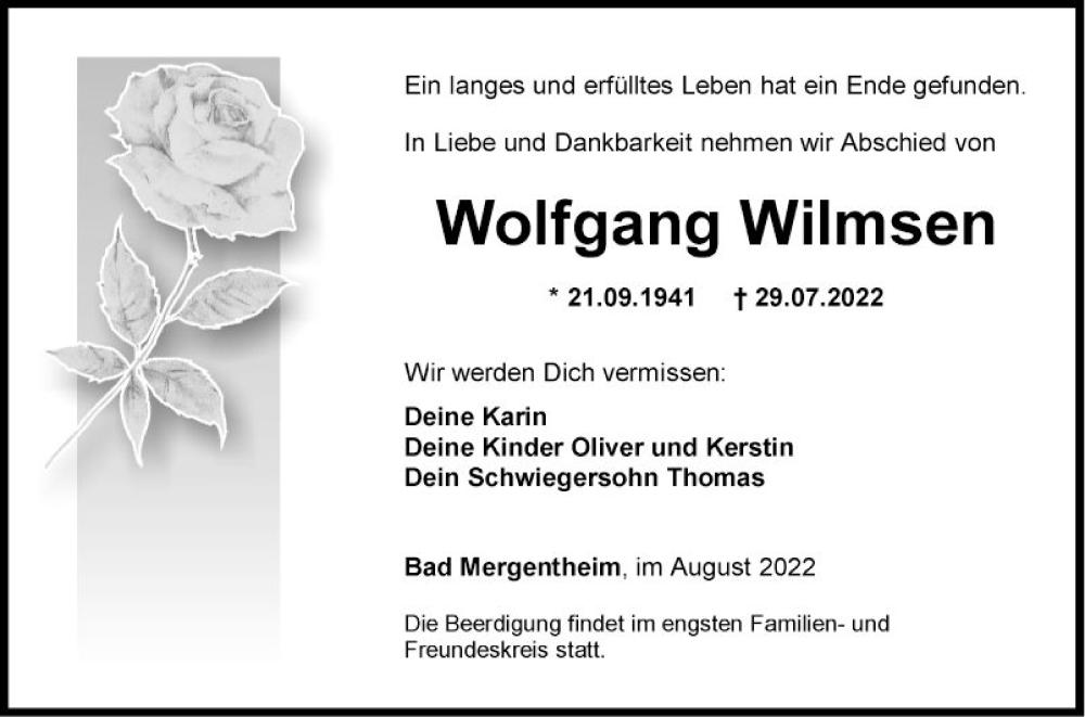  Traueranzeige für Wolfgang Wilmsen vom 04.08.2022 aus Fränkische Nachrichten