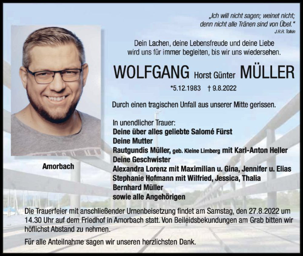  Traueranzeige für Wolfgang Horst Günter Müller vom 24.08.2022 aus Fränkische Nachrichten