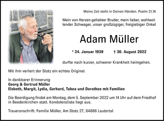 Traueranzeige von Adam Müller von Bergsträßer Anzeiger