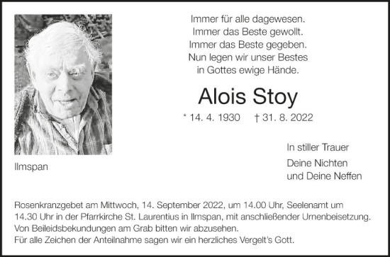 Traueranzeige von Alois Stoy von Fränkische Nachrichten