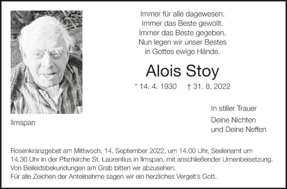  Traueranzeige für Alois Stoy vom 10.09.2022 aus Fränkische Nachrichten
