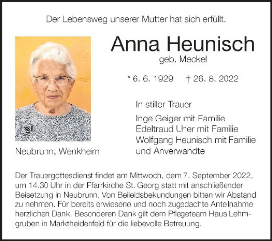 Traueranzeige von Anna Heunisch von Fränkische Nachrichten
