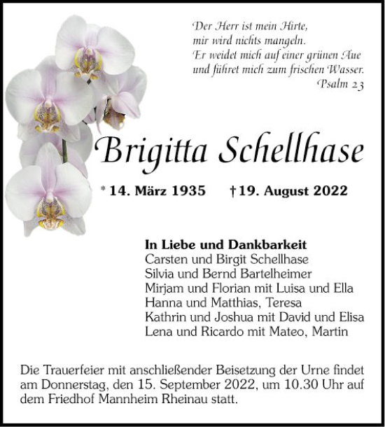 Traueranzeige von Brigitta Schellhase von Mannheimer Morgen