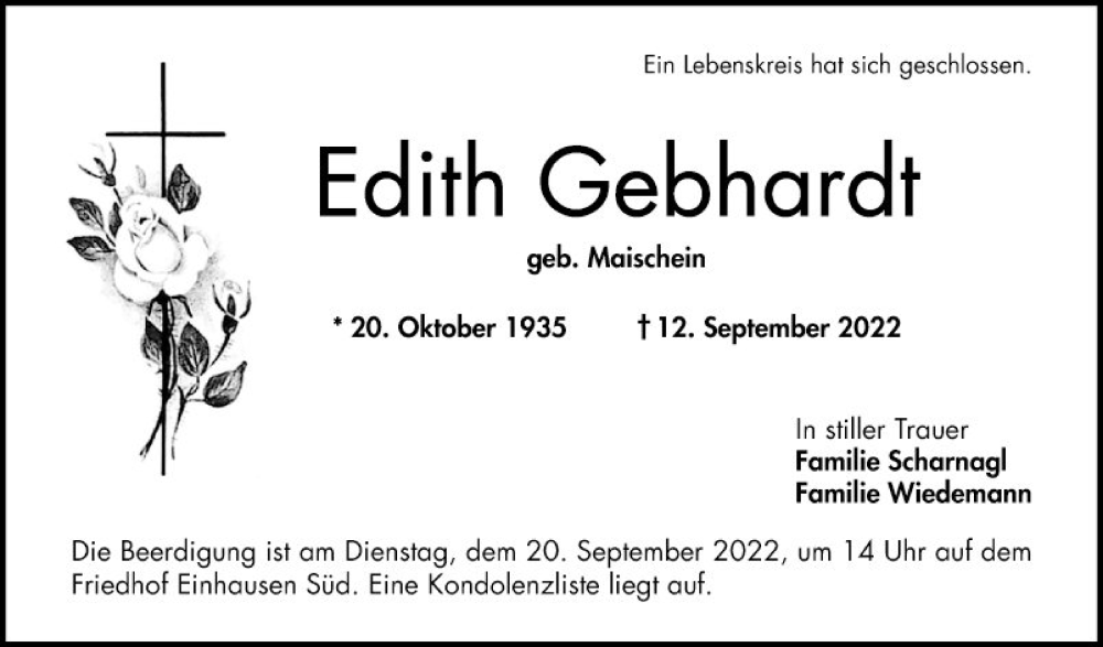  Traueranzeige für Edith Gebhardt vom 17.09.2022 aus Bergsträßer Anzeiger