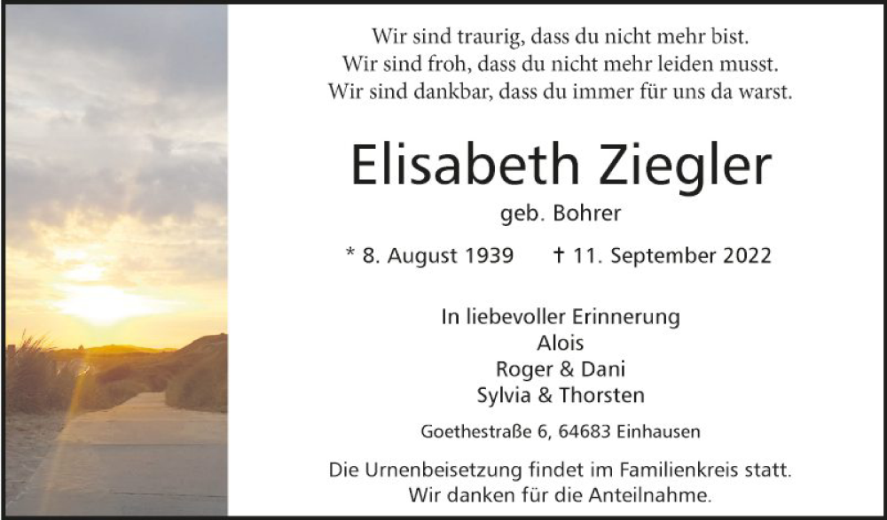  Traueranzeige für Elisabeth Ziegler vom 16.09.2022 aus Bergsträßer Anzeiger