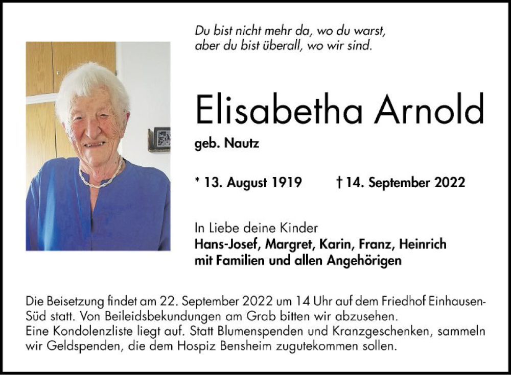  Traueranzeige für Elisabetha Arnold vom 17.09.2022 aus Bergsträßer Anzeiger