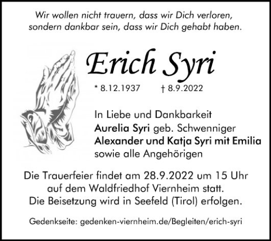 Traueranzeige von Erich Syri von Mannheimer Morgen