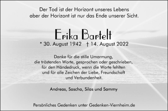 Traueranzeige von Erika Bartelt von Mannheimer Morgen