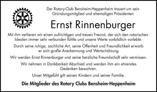 Traueranzeige von Ernst Rinnenburger von Bergsträßer Anzeiger