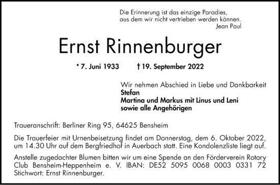 Traueranzeige von Ernst Rinnenburger von Bergsträßer Anzeiger
