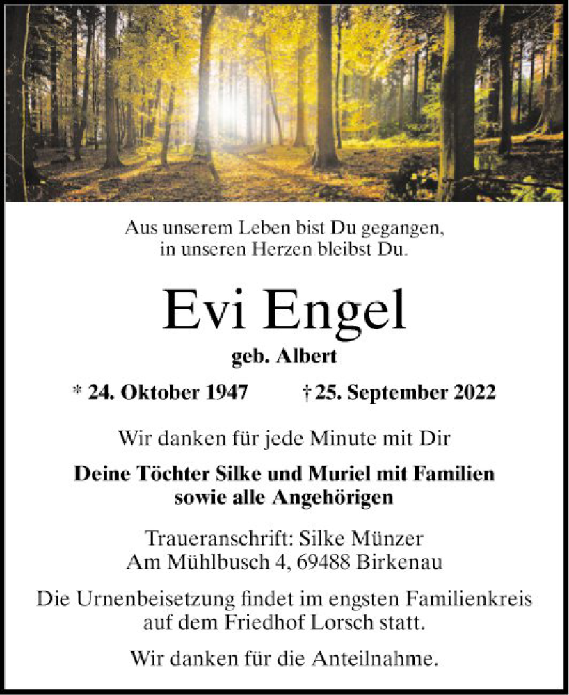  Traueranzeige für Evi Engel vom 01.10.2022 aus Bergsträßer Anzeiger