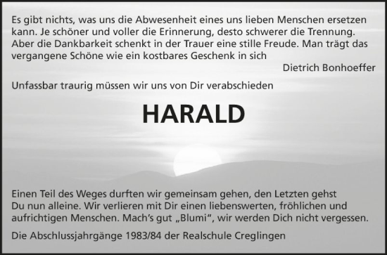Traueranzeige von Harald  von Fränkische Nachrichten