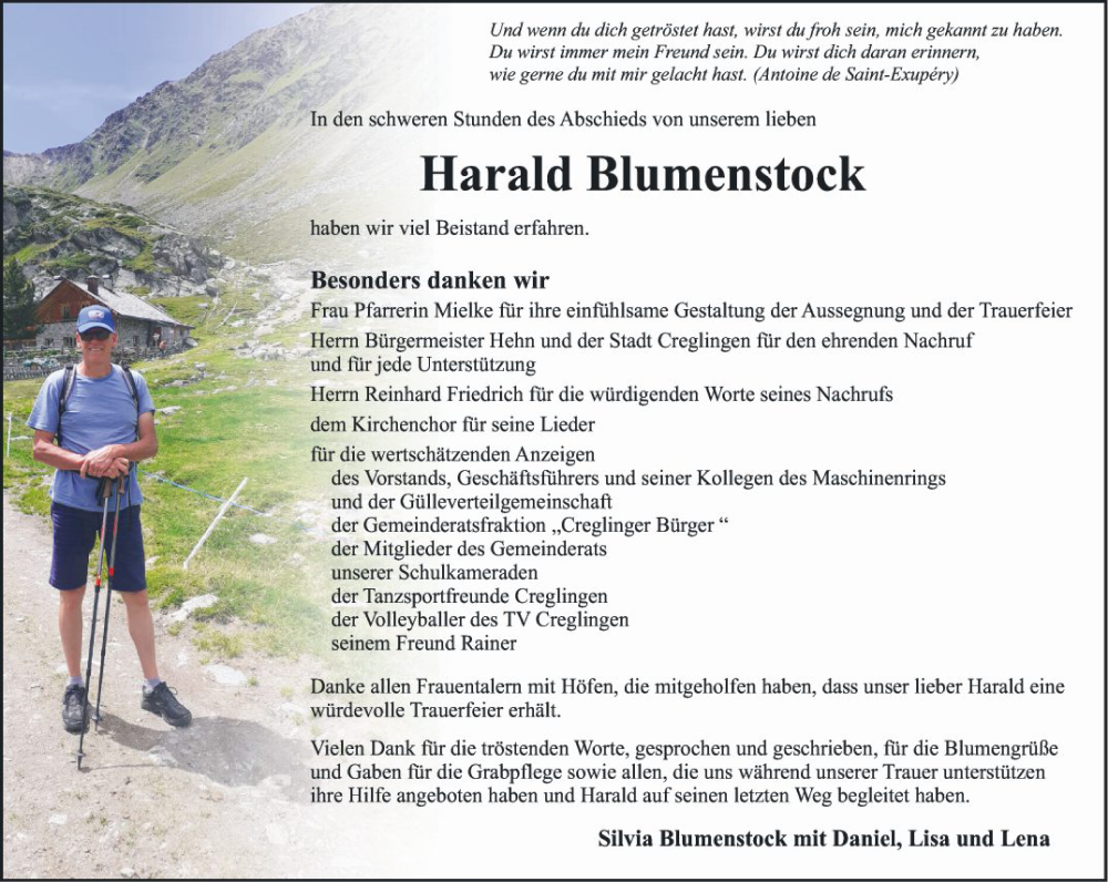  Traueranzeige für Harald Blumenstock vom 23.09.2022 aus Fränkische Nachrichten