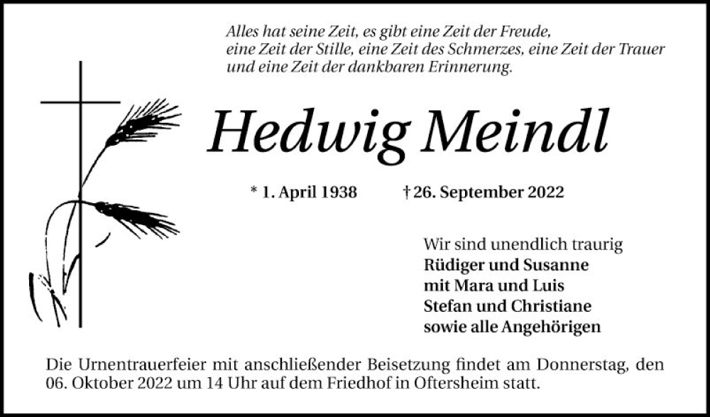  Traueranzeige für Hedwig Meindl vom 01.10.2022 aus Schwetzinger Zeitung