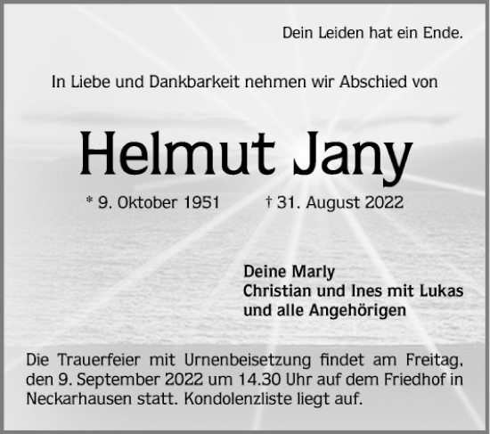 Traueranzeige von Helmut Jany von Mannheimer Morgen