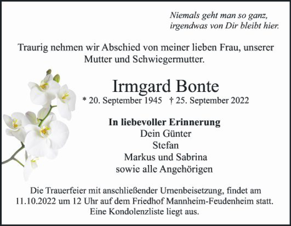  Traueranzeige für Irmgard Bonte vom 01.10.2022 aus Mannheimer Morgen