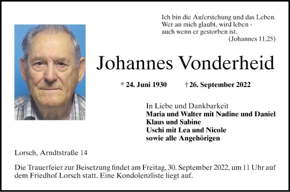  Traueranzeige für Johannes Vonderheid vom 29.09.2022 aus Bergsträßer Anzeiger