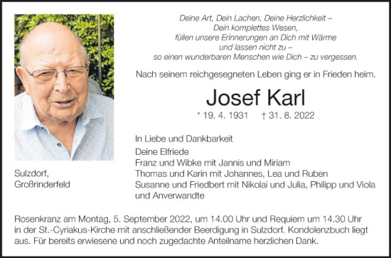 Traueranzeige von Josef Karl von Fränkische Nachrichten