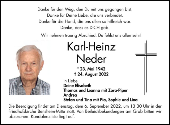 Traueranzeige von Karl-Heinz Neder von Bergsträßer Anzeiger
