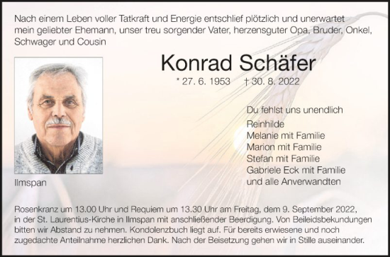 Traueranzeige von Konrad Schäfer von Fränkische Nachrichten