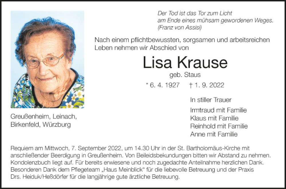  Traueranzeige für Lisa Krause vom 03.09.2022 aus Fränkische Nachrichten