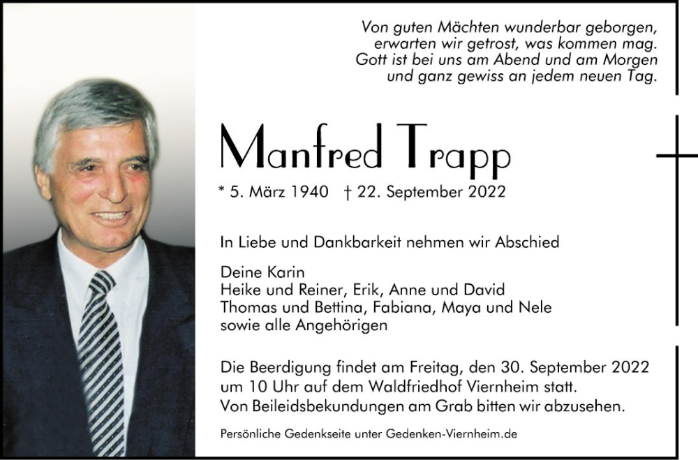 Traueranzeige für Manfred Trapp vom 27.09.2022 aus Mannheimer Morgen