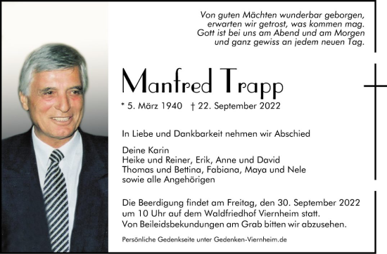 Traueranzeige von Manfred Trapp von Mannheimer Morgen