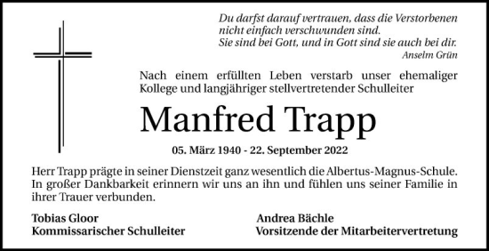 Traueranzeige von Manfred Trapp von Mannheimer Morgen