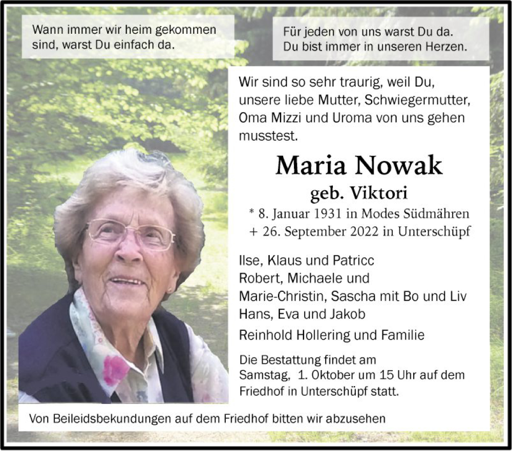  Traueranzeige für Maria Nowak vom 29.09.2022 aus Fränkische Nachrichten
