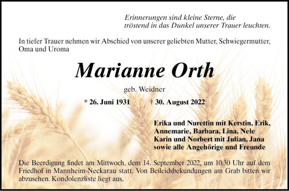  Traueranzeige für Marianne Orth vom 10.09.2022 aus Mannheimer Morgen