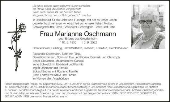 Traueranzeige von Marianne Oschmann von Fränkische Nachrichten