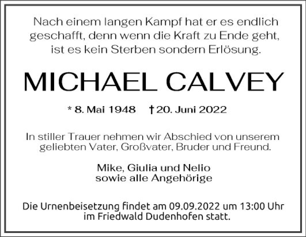  Traueranzeige für Michael Calvey vom 03.09.2022 aus Mannheimer Morgen