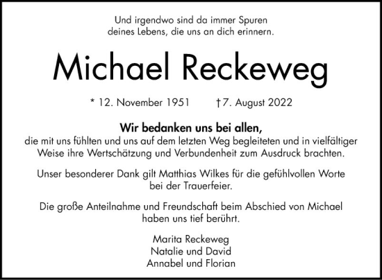 Traueranzeige von Michael Reckeweg von Bergsträßer Anzeiger