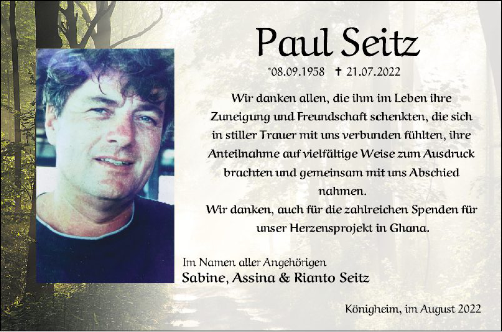  Traueranzeige für Paul Seitz vom 02.09.2022 aus Fränkische Nachrichten