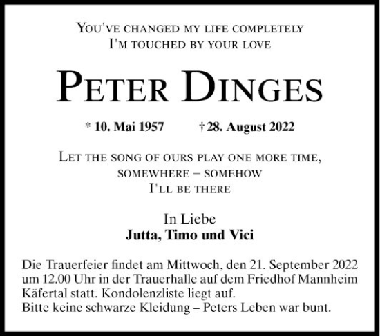 Traueranzeige von Peter Dinges von Mannheimer Morgen