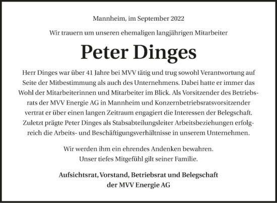 Traueranzeige von Peter Dinges von Mannheimer Morgen