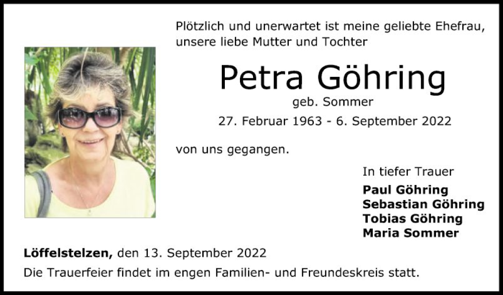  Traueranzeige für Petra Göhring vom 13.09.2022 aus Fränkische Nachrichten