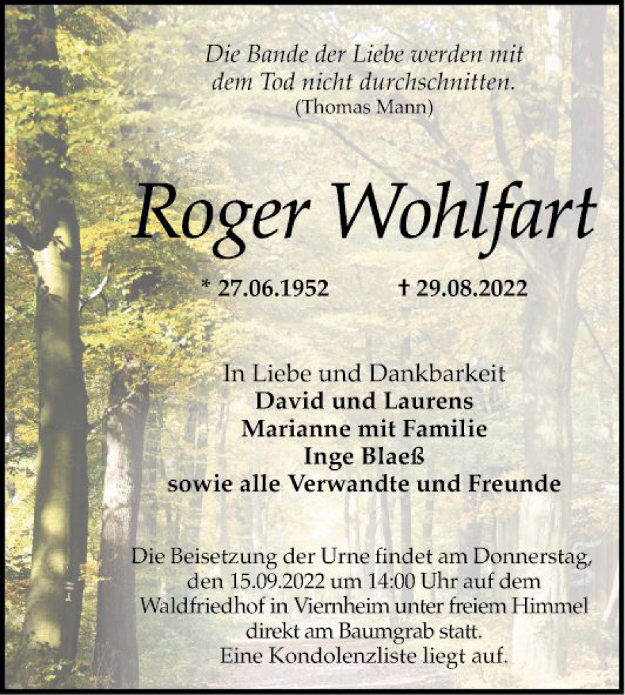  Traueranzeige für Roger Wohlfart vom 10.09.2022 aus Mannheimer Morgen