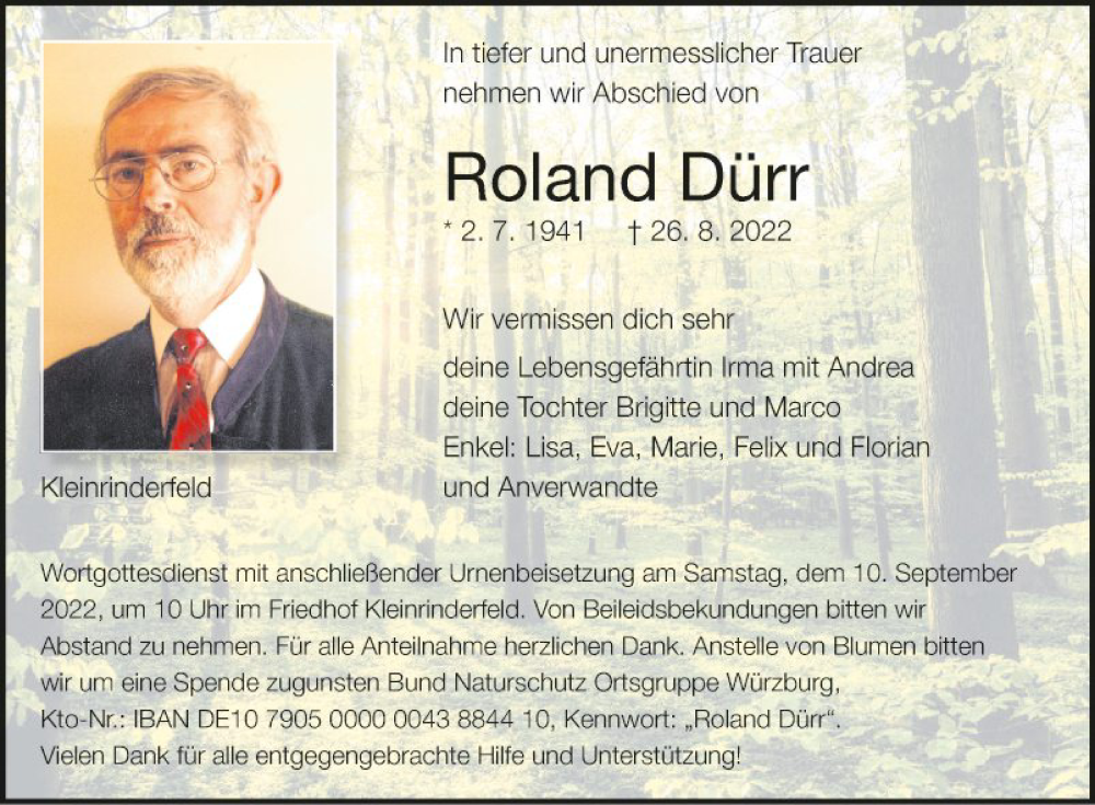  Traueranzeige für Roland Dürr vom 03.09.2022 aus Fränkische Nachrichten