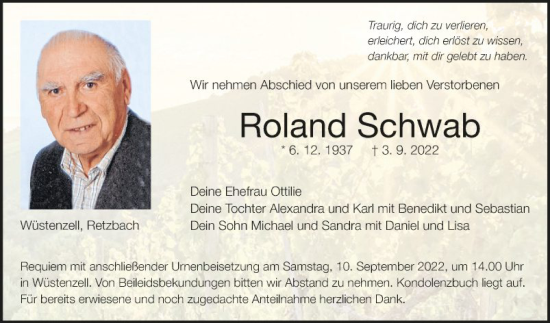 Traueranzeige von Roland Schwab von Fränkische Nachrichten