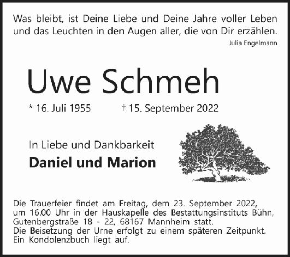  Traueranzeige für Uwe Schmeh vom 21.09.2022 aus Mannheimer Morgen